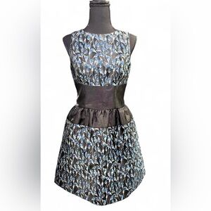 Belle Badgley Mischka NWT Black and Blue Leaf Pattern Midi Dress Size 2 Formal